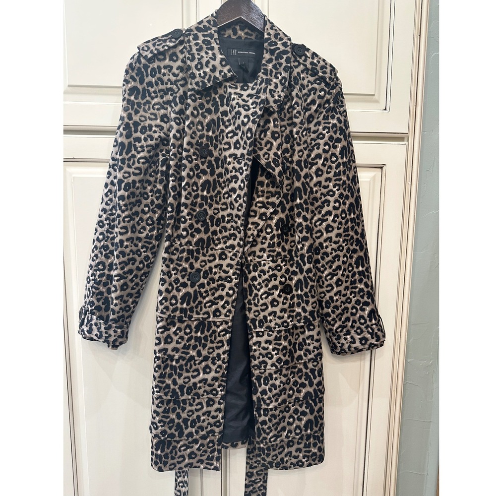 INC International Concepts Leopard Print Ruffle Hem Trench Coat Tan Black Large